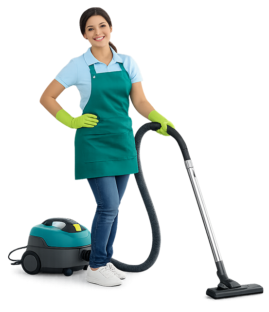 Female cleaner wiping a coffee table in a tidy living room with cleaning supplies in Charlotte NC – JJ Cleaning Charlotte.
